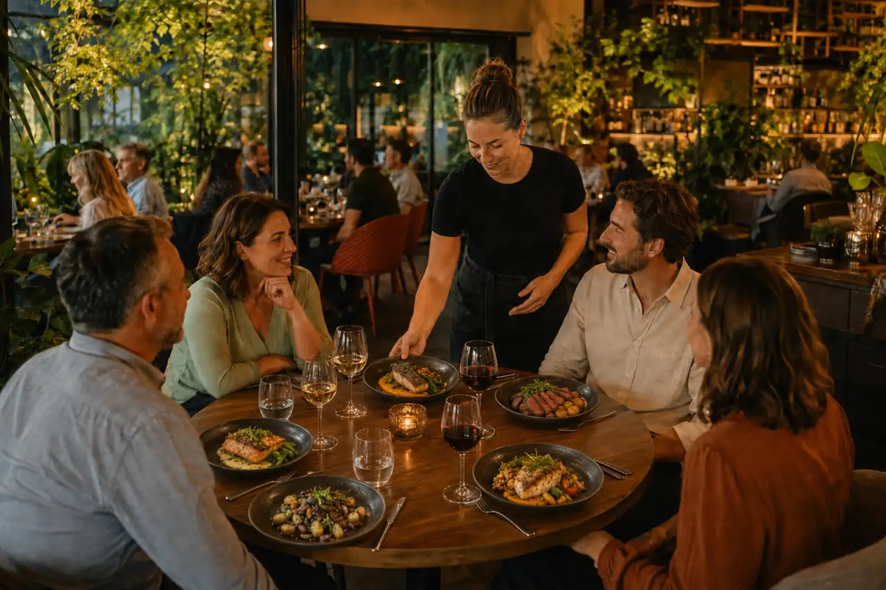 A server presenting a plated entrée to a guest at a warmly lit table